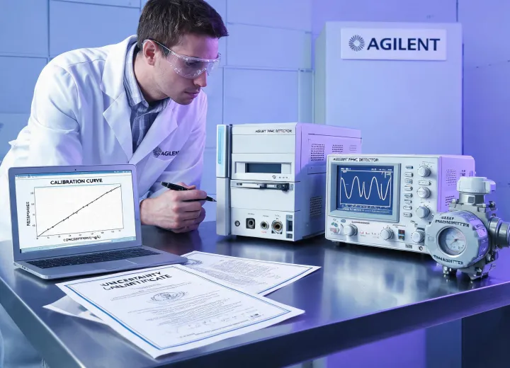 Agilent calibration engineer reviewing instruments